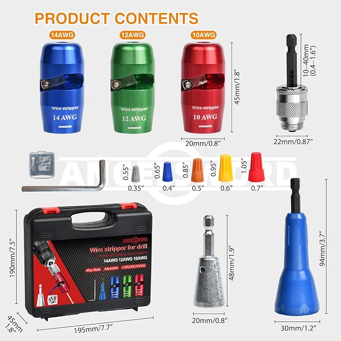 ANGELSWORD Wire Stripper & Wire Twister Tool for Drill, Wire Stripping Tool & Wire Twisting Connector Set 10/12/14 AWG, 3 PCS Professional Electrician Tools Set