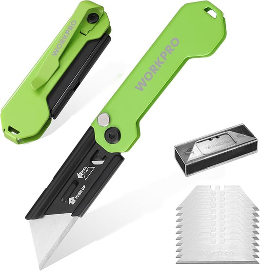 WORKPRO 2PCS EDC Folding Utility Knife, Mini Box Cutter with Quick Open Axis Lock, Quick Change Blade Razor Knife, Foldable Small Pocket Knife with Belt Clip, 2 Packs with 10 Extra Blades