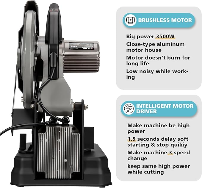 DJBL 14" Brushless Cold Cut Saw - 3500w, Changeable Speeds, 66 Teeth Ferrous Metal Blade, 45 Degree Adjustable