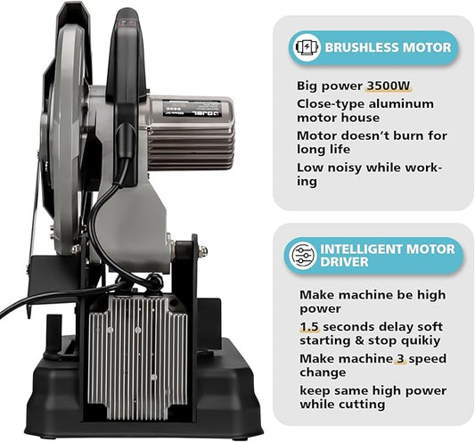 DJBL 14" Brushless Cold Cut Saw - 3500w, Changeable Speeds, 66 Teeth Ferrous Metal Blade, 45 Degree Adjustable