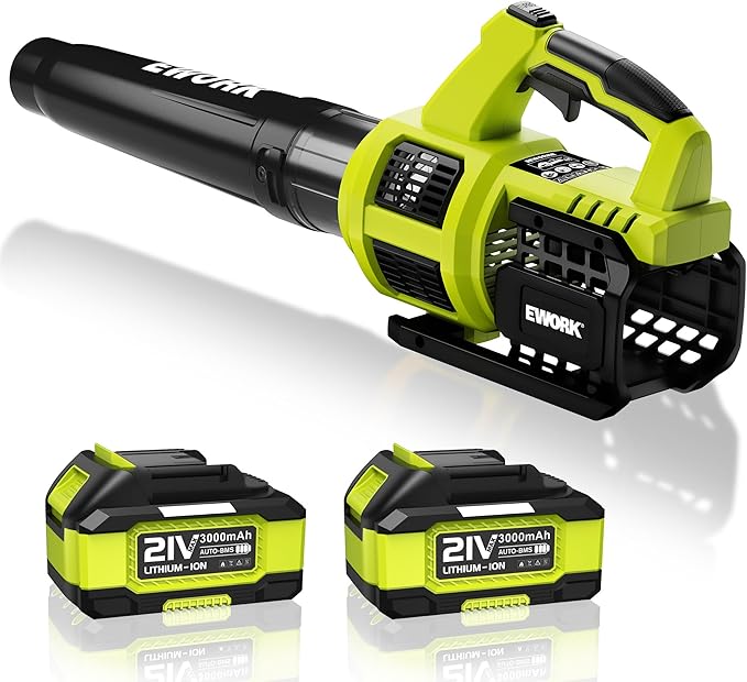 EWORK 21V Cordless Leaf Blower, Powerful Turbo Mode & 550 CFM, 2횞3.0Ah Batteries & Fast Charger, Lightweight Electric Leaf Blowers for Lawn Care, Patio, Leaves & Dust