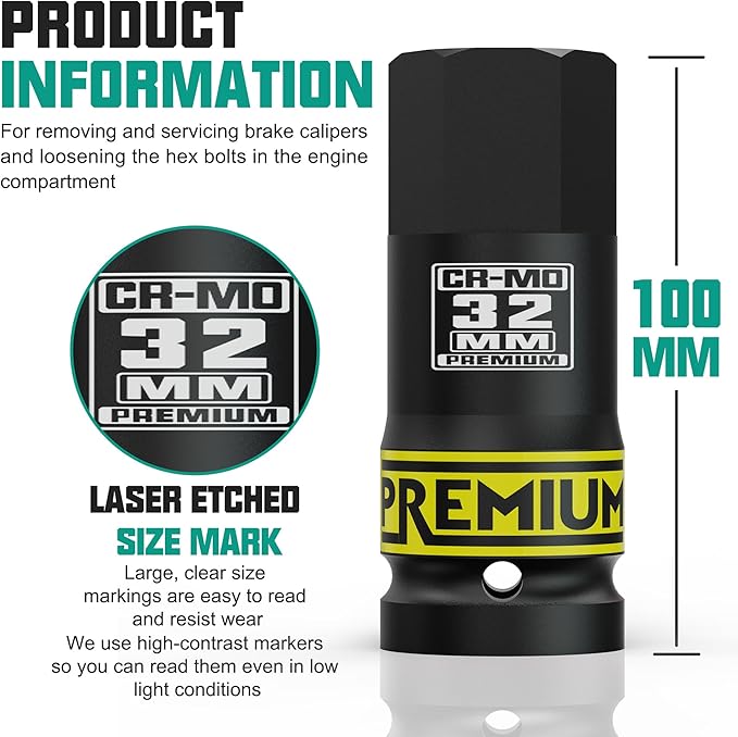 3/4" Drive H32 Impact Hex Bit Socket, 32 mm Allen Bit Socket, Metric, Cr-Mo Steel, Car Maintenance, Furniture Installation, Mechanic Use