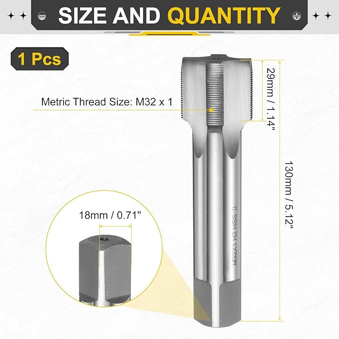 uxcell Hand Plug Tap M32 x 1 H2 Metric Thread Plug Style Taps Straight Flute Screw Tapping Threading Tool High Speed Steel HSS6542