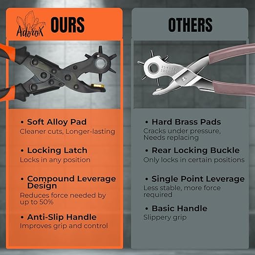 Adorox Heavy Duty Quality & Professional Design Revolving Hole Punch Pliers Kit ??with Steel Ruler & File, Puncher with 6 Hole Sizes for Belts, Watch Straps, Saddles, Shoes & DIY Crafts