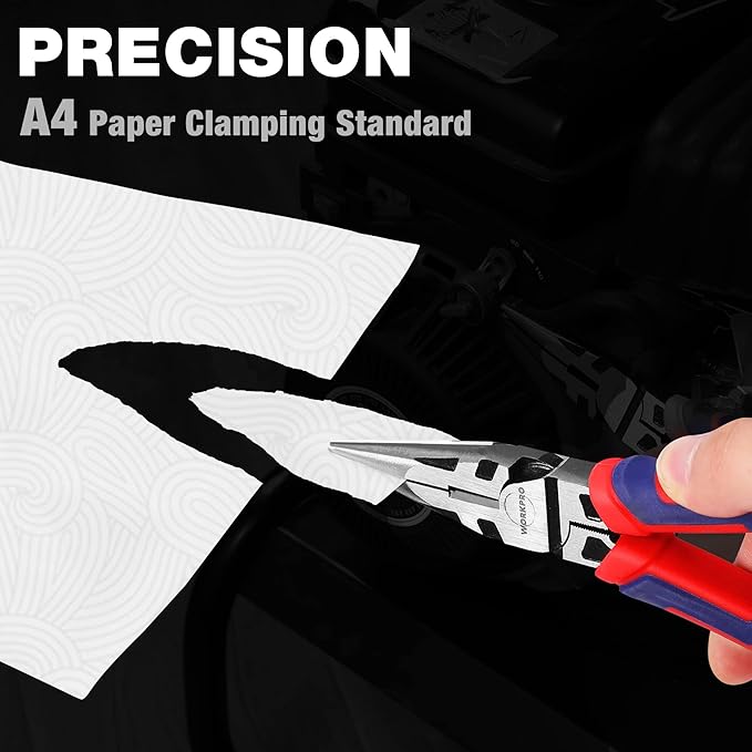 WORKPRO Premium 6??Needle Nose Pliers, Paper Clamp Precision, Heavy-Duty CRV Steel, Soft Grip with Wire Cutter, Long Nose Cutting Pliers