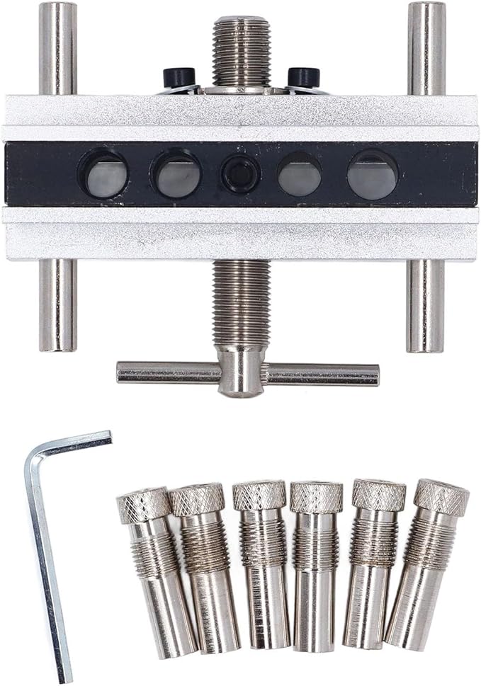 Self Centering Doweling Jig Kit Metric Adjustable Width Dowel Jig Kit for Straight Holes, Biscuit Joiner Set, 6 Bushings Power Tool Accessory Jigs for Straight Holes (Silver)