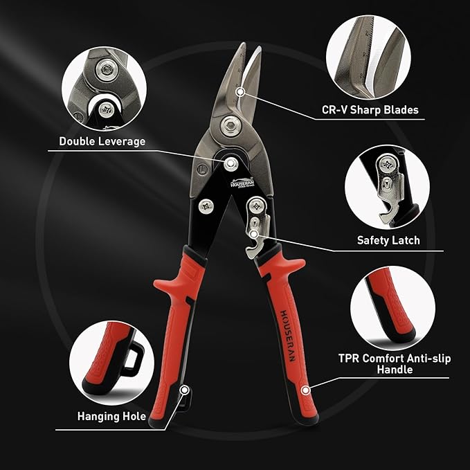 10 Inch Aviation Snips, Left Cut Offset Tin Snip, Heavy Duty CR-MO Tin Cutters with Double Lever, Scale Markings & Safety Lock, Sheet Metal Snips, Shears Scissors for Cutting Metal Sheet