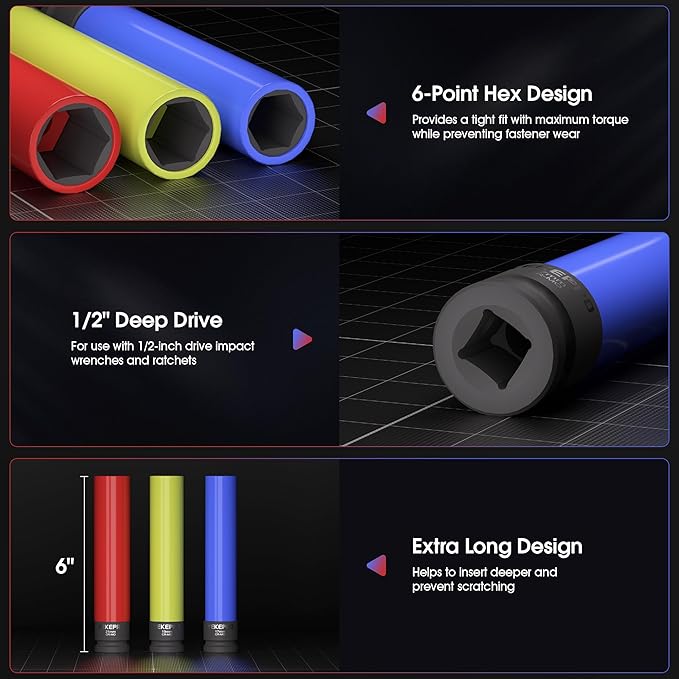 3-Piece 1/2" Drive Extra Long Impact Lug Nut Socket Set, 6" Thin Wall, 17mm 19mm 21mm, with Color Protective Sleeves