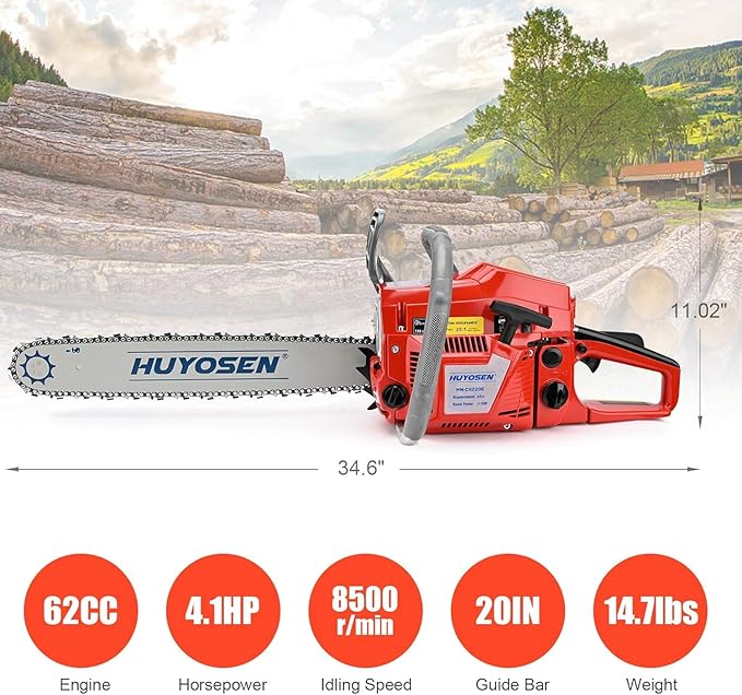 62CC Gas Chainsaw, 20 Inch Power Chain Saw, 2-Cycle Handed Petrol Chainsaws Gasoline Chainsaws Garden Tool for Cutting Trees, Wood, Outdoor Home Garden and Farm Use