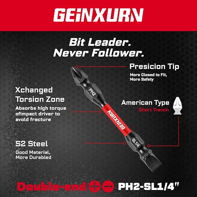 10Pcs SL1/4-PH2 Impact Double End Screwdriver Bit Set, 2.56 in. #2 Phillips/Power Driver Bits, Magnetic S2 Steel Two Sides Screwdriver Bits Set with Storage M-Box