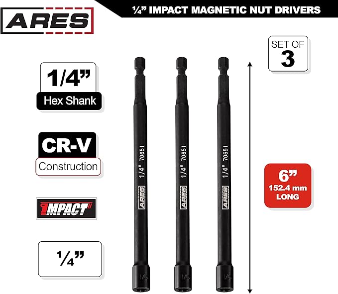 ARES 27008-3-Piece 1/4-Inch Magnetic Impact Nut Driver Bit Set - 6-Inch Length - Impact Grade Nut Setters with Industrial Strength Magnets