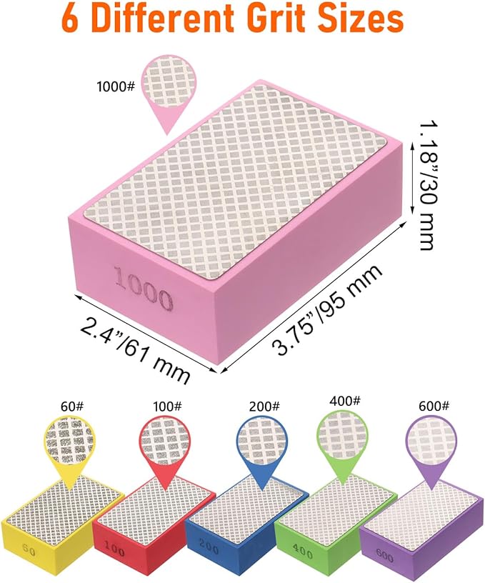 6 Pack Diamond Hand Polishing Pads, Diamond Sanding Pads with Foam Backing 60/100/200/400/600/1000 Grit, Sanding Block for Glass Wood Ceramic Marble Metal Tile Tools.
