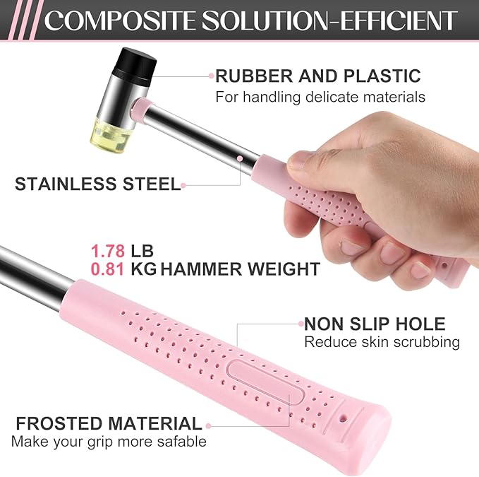 8oz Hammer, 2-Piece Small Claw Hammer & Rubber Mallet Hammer Mini Hammer Set(Pink)