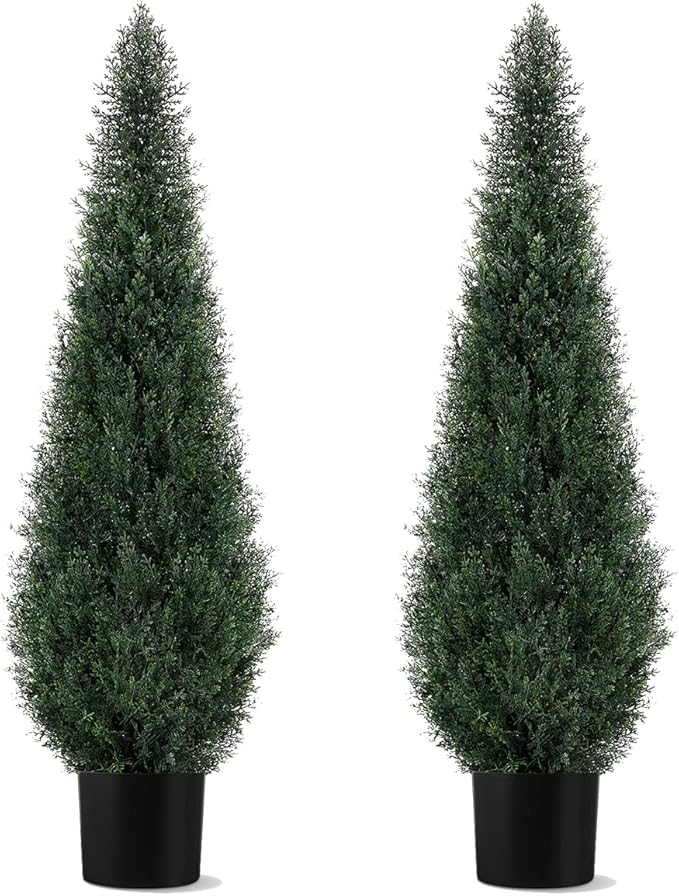 Artificial Trees for Outdoors, BUZIGUBY Artificial Cedar Topiary Trees, 4FT Topiary Trees Artificial Outdoors for Porch, Dense Arborvitae Tree for Front Door Patio Deck Balcony Yard Decor, 2 Pack