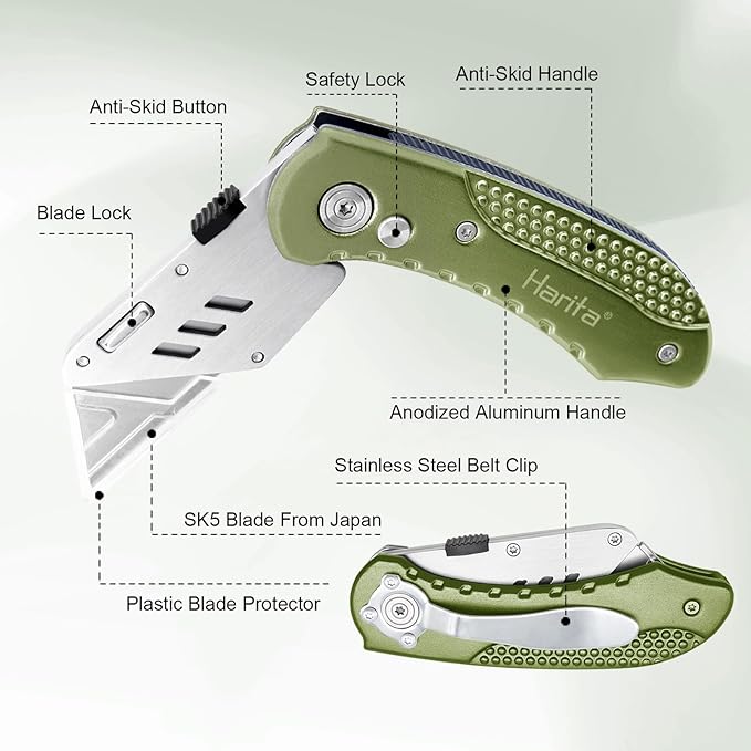 Box Cutter Heavy Duty Utility Knife, Razor Knife, Lightweight Aluminum Handle, Back-lock Mechanism, Stainless Belt Clip, for Carpet, Carton, Box, Cardboard, with 5-piece Extra Blades, Olive Green