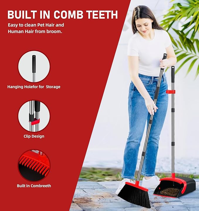 2-Pack is More economical竊똁rooms with Dustpan Combo Set竊?with 52" Long Handle, Dustpan Teeth with self-Cleaning Function, Indoor and Outdoor Sweeping, Perfect for Home Office