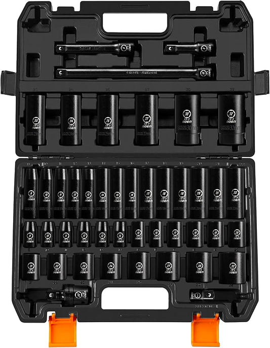 BOEN 1/2" Drive Impact Socket Set, 45 Piece Deep & Shallow Metric Socket Set 9mm to 32mm, Includes 3" 5"10" Extension Bars, Universal Joint, Adapter, 6 Point Design, Cr-V Steel, Meets ANSI Standards