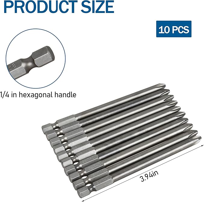 PH2#2 Long Screwdriver Bit Set for 1/4 Inch Hex Shank, 4 Inch Length, Magnetic Tip, for Power Screwdriver Drill Impact Driver 10 Pieces