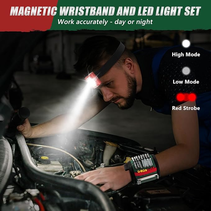 Magnetic Wristband with LED Light, Magnet Tool Belt Wrist Band for Screws and Nails, Adjustable Wrist Tool Holder, Valentines Day Gifts for Men, Him, Boyfriend, Dad, Mechanic, Woodworker, Handyman