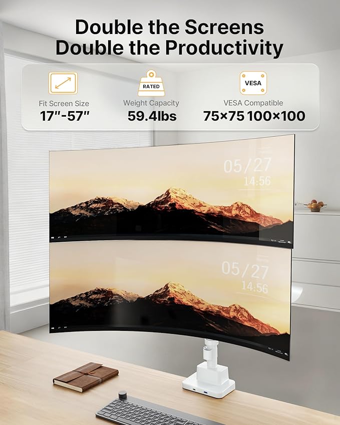 monTEK Sleek Aluminum Monitor Arm for 17??7??Ultrawide Screens up to 59.4 lbs, USB 3.0 A/C, Heavy Duty Dual Monitor Arm Desk Mount, Pneumatic Lift, Quick-Release Plate, Clamp/Grommet, max VESA 100x100