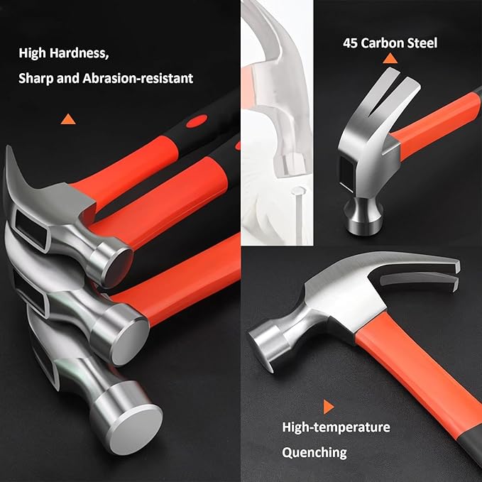 3 PCS 16oz Claw Hammer with Fiberglass Handle,Carbon Steel Nailing Hammer,Framing Hammer with Rip Claw,Anti-Vibration Grip
