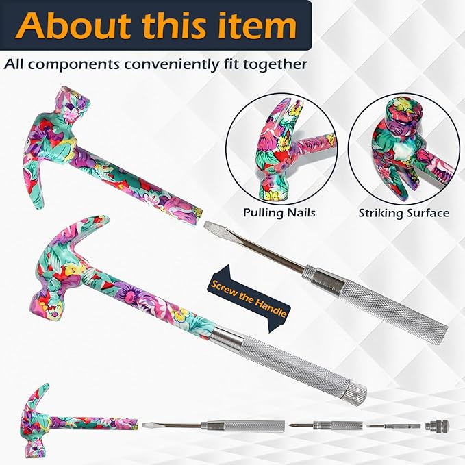 Home-X 6-in-1 Floral Hammer – Multifunctional Hammer with Screwdrivers Inside | Includes Slotted Flat Head, Phillips, Flat Head 2, and Hammer Cup | Portable Mini Hammer Tool (Pink)