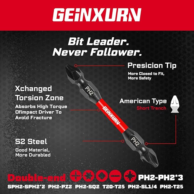 10Pcs Impact Double End Screwdriver Bit Set, 2.56 in. Mixed Reversible Power Driver Bits, Magnetic S2 Steel Two Sides PH2/T20/T25/SQ2/SL1/4 Screwdriver Bit Tips Set with Storage M-Box