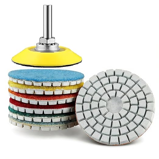2inch 50mm Diamond Water Grinding Pad, 7 Different Grit 50#-3000# Wet Sanding Discs & 6mm Round Handle Hook & Loop Backing Holder for Detail Fine Buffing Polishing (8Pcs/Set)
