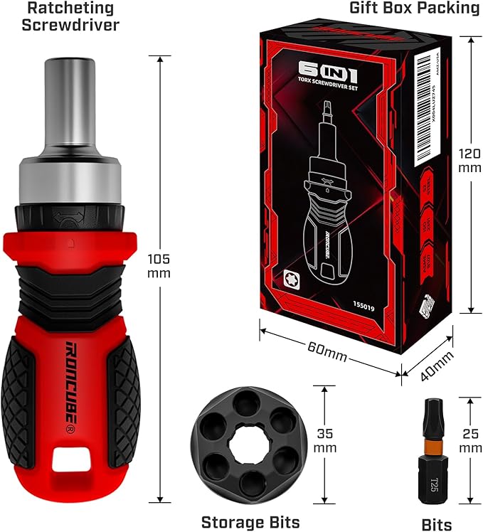 Magnetic Torx Screwdriver Set: 6 in 1 Multi Bit Drive Set with Interchangeable Ratchet Handle - Portable Repair Tool Kit for DIY Bicycle Furniture - Stocking Stuffers with Gift Box