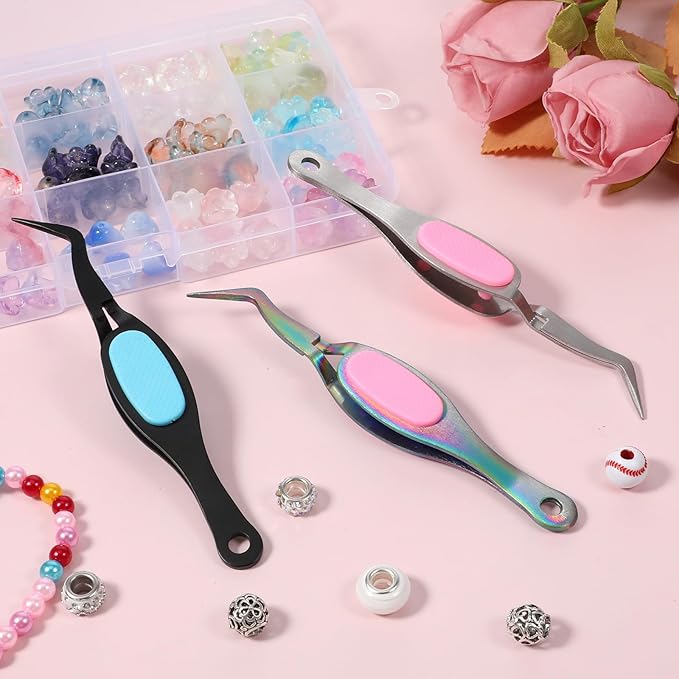3 Pcs Reverse Tweezers Craft Crossing Lock Tweezers Crossing Locking Curved Crafting Tweezer, Stainless Steel Curved Tip Tweezer for Jewelry Beading, Electronics DIY Craft (Rainbow, Silver, Black)