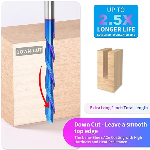 Spiral Router Bits with Downcut 4 inch Extra Long1/4 inch Cutting Diameter 2 inch Cutting Length, Solid Carbide CNC Router Bit Carving Tool