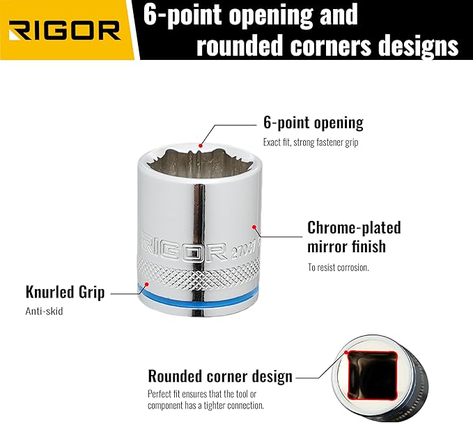 RIGOR 27001 Max-Grip Non-Slip Standard Socket Set, 13-Piece | Anti-Slip Chrome Vanadium Sockets | 1/4-Inch Drive, 6 Point, Metric | Include Durable Plastic Socket Rail.
