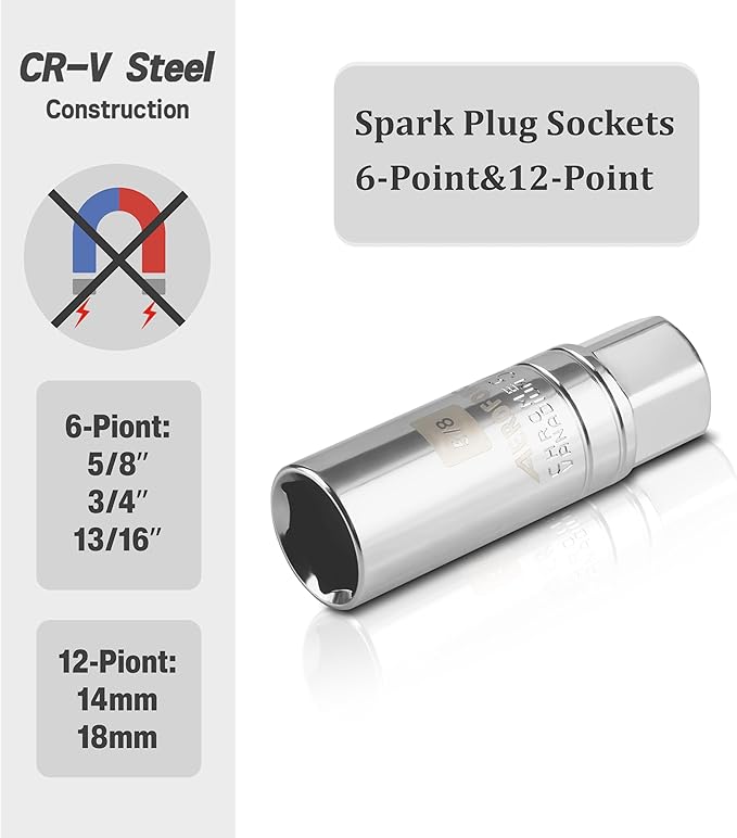 AEROFORCE 14PCS 3/8-Inch Drive Swivel Magnetic Spark Plug Socket Set with 3/8'' Torque Wrench (5-45 Lb.ft/6.8-61.2 Nm), Universal Joint & Extension Bar - Durable CR-V Steel for Easy Spark Plug Removal