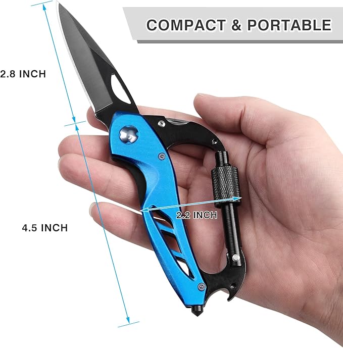 EDC Multitool Carabiner with Knife, Bottle Opener, Window Breaker and Screwdriver, Survival Knives Tools for Men Outdoor Camping (Blue)