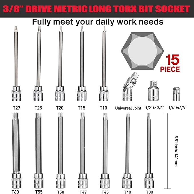 3/8" Drive Extra Long Torx Bit Socket Set,15-Piece T10-T60 Star Bit Socket Set S2 Alloy Steel Torx Bit 4.6" Length