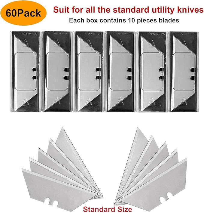 Vickay 60 Pack Utility Knife Blades, SK5 Steel Heavy Duty Box Cutter Replacement Blades with Plastic Case, Standard Size Razor Blades for Most Standard Utility Knives