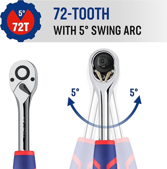 WORKPRO 1/4-Inch Drive Ratchet Wrench, 72-Tooth Reversible Ratchet, Quick-Release 1/4 Drive Ratchet Handle, CR-MO Head, Chrome Plated Finish