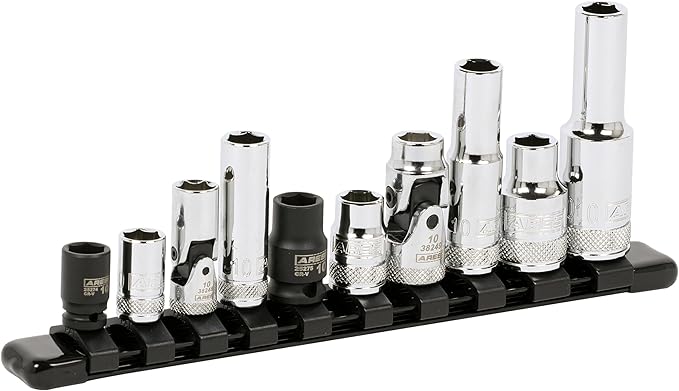 ARES 39017 ??10-Piece Multi-Drive 10mm Socket Set with Aluminum Rail ??Premium Chrome Vanadium Socket Set Includes Shallow and Deep Metric Sockets on Aluminum Rail ??High Visibility Size Markings
