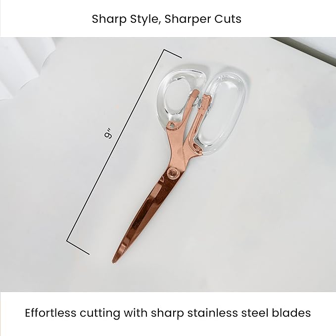 OfficeGoods 9??Stainless Steel Acrylic Scissors For Office and Home - Aesthetic and Sharp All Purpose Scissors, Perfect For Sewing, Arts and Crafts - Clear Rose Gold Metal