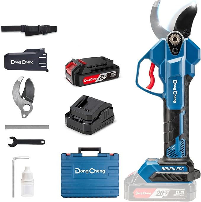 Dong Cheng 20V Brushless Electric Pruning Shears, 4 Cutting Levels up to 35 mm, Professional Brushless Motor, 2.0 Ah Battery, 2 A Charger, SK5 Blade ??For Fruit Trees, Gardening