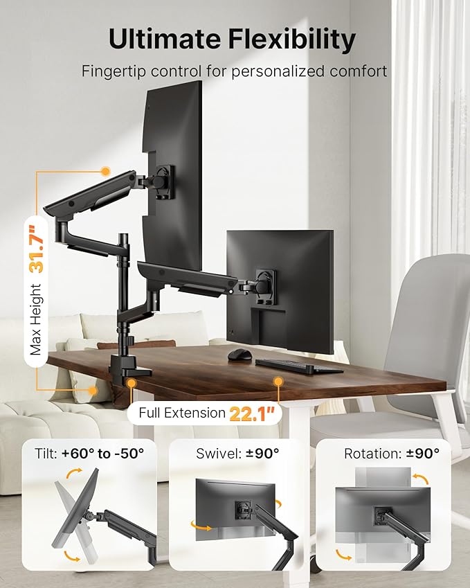 monTEK Sleek Aluminum Monitor Arm for 17??7??Ultrawide Screens up to 59.4 lbs, USB 3.0 A/C, Heavy Duty Dual Monitor Arm Desk Mount, Pneumatic Lift, Quick-Release Plate, Clamp/Grommet, Max VESA 100x100
