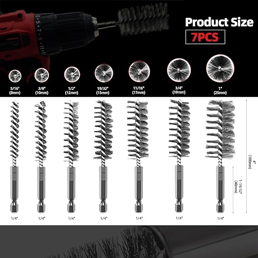 ASNOMY 7Pcs Wire Bore Brush for Drill,5/16"-1??Stainless Steel Copper Pipe Cleaner Set for Power Drill Cleaning,Abrasive Drill Wire Brush with 1/4" Hex Shank