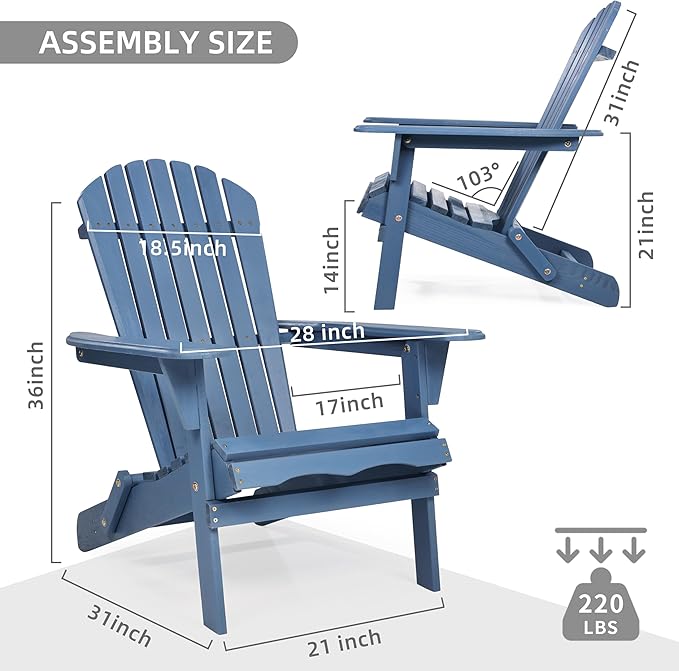 SoliWood Outdoor Wooden Folding Adirondack Chair Set of 4 with Pre-Assembled BackRest, Wood Patio Chair for Garden Backyard Porch Pool Deck Firepit