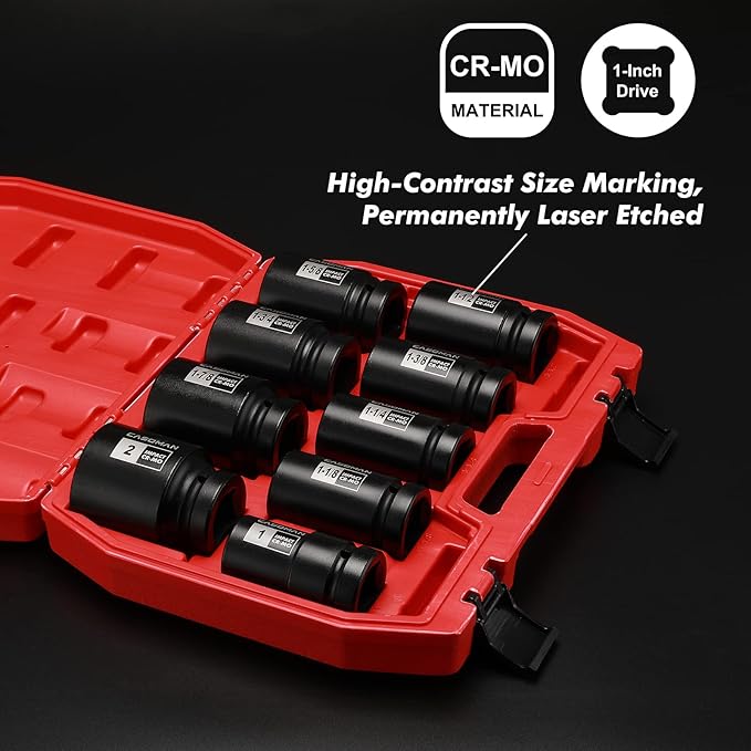 CASOMAN 1-Inch Drive Spindle Axle Nut Impact Socket Set, Deep, 1" to 2", 9PCS Impact Large Socket Set, 6-Point, SAE, CR-MO
