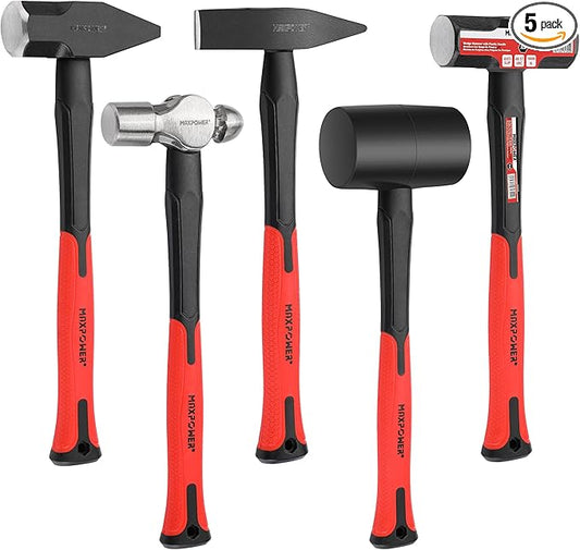 MAXPOWER 5-Piece Hammer Set - 3LB Sledge & Cross Peen, 500g Chipping, 32oz Ball Peen & 24oz Rubber Mallet
