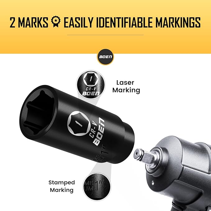 BOEN 1/2" Drive Deep Impact Socket,1 Inch Premium Socket,SAE,6 Point,Cr-V Steel with Laser Marking - Strong and Durable