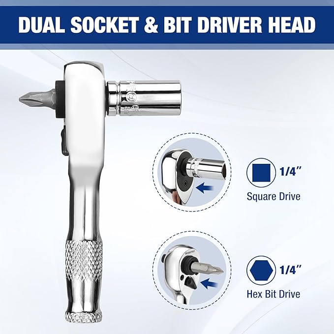 WORKPRO Stubby Ratchet & Bit Driver Set 16 PCS, 1/4", 3/8" Drive Ratchet Handle Wrench, 72-T Quick-Release Reversible Socket Wrench, 2 Socket Adapters, 2 Extension Bars, 10 PCS 1/4" Hex Bits
