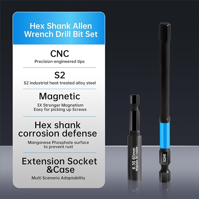 Allen Wrench Drill Bit Set 1/4" Hex Shank - 20PC Metric & SAE Impact Driver Bits, CNC S2 Steel Magnetic Tips with Extension & Case