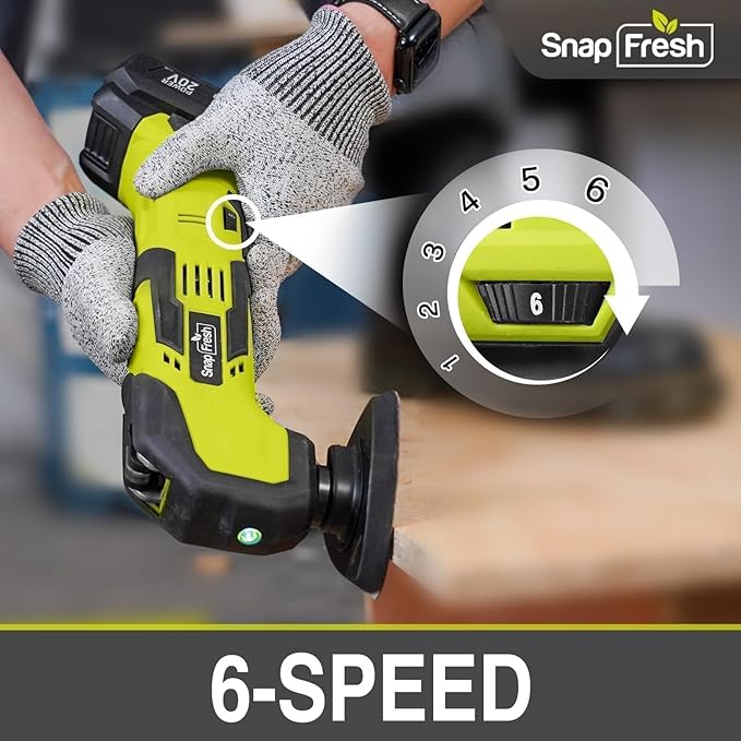 SnapFresh Oscillating Multi Tool Cordless, 20V DIY Tool Kit, 6 Speed, 3.2째Oscillation Angle, Quick-Lock Replaceable, 24pcs Accessories, Battery & Fast Charger, For Scraping, Blades Sanding, Cutting