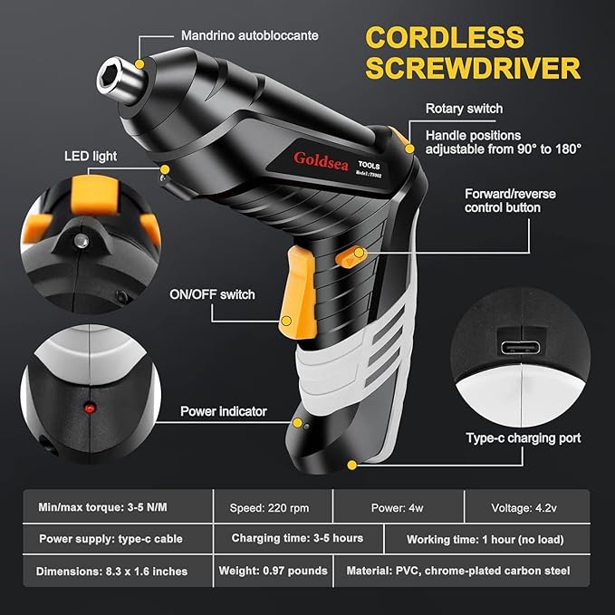 Electric Screwdriver Goldsea 4.2V Cordless Screwdriver 3.5N.m 1500mAh Type-C Charging 10pcs Screwdriver Bits 1/4??Hex Chuck 90째/180째 deformation handle Forward and reverse adjustment LED Light